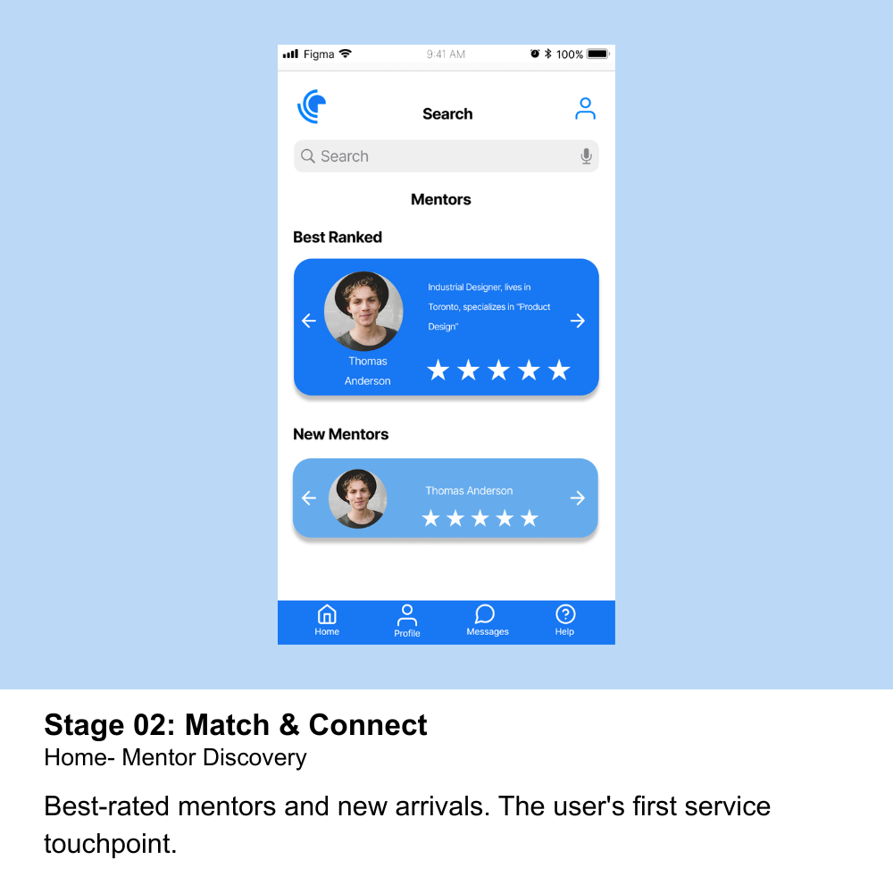 Design Connect mobile screen for mentor discovery