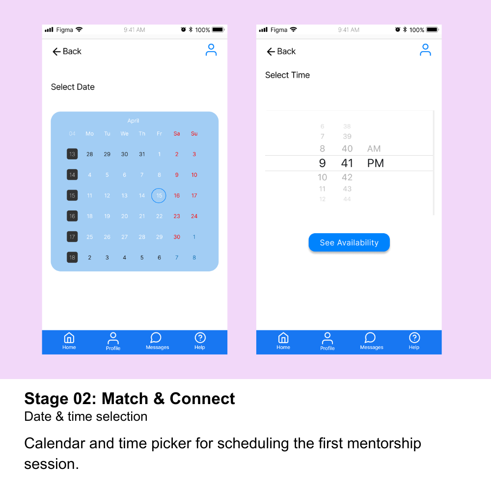 Design Connect mobile screens for date and time selection