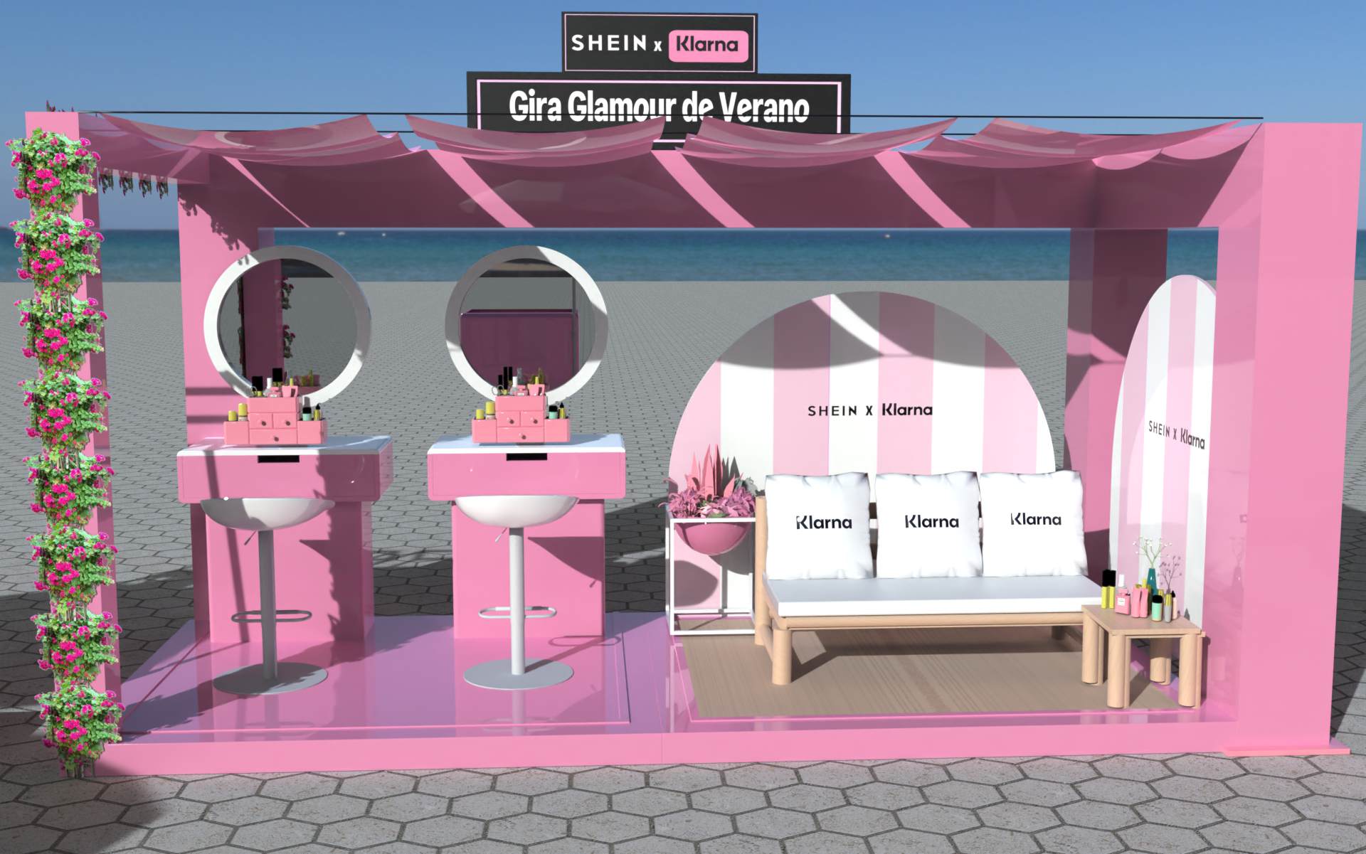 Frontal render of the pink beauty booth designed for the activation
