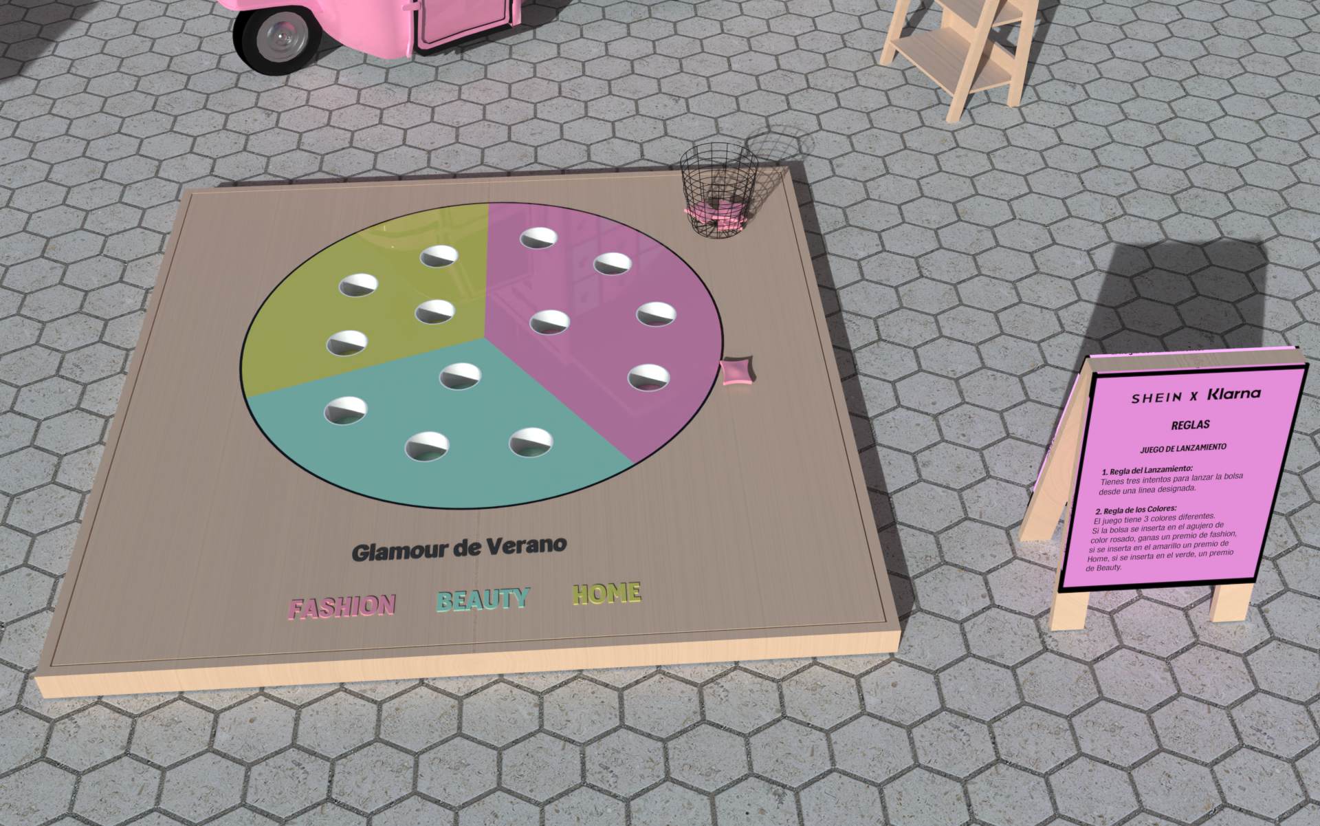 Render of the colorful floor game and its instruction sign