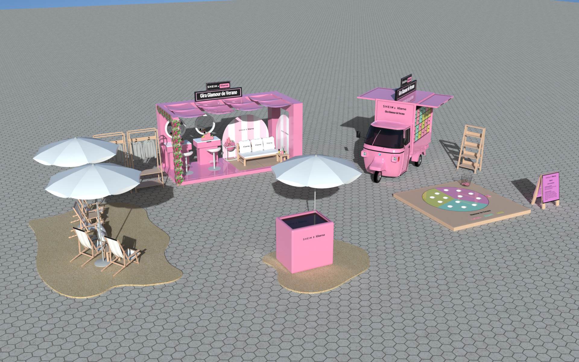 Juan's render of the SHEIN and Klarna activation system, including vehicle, booth and participation area