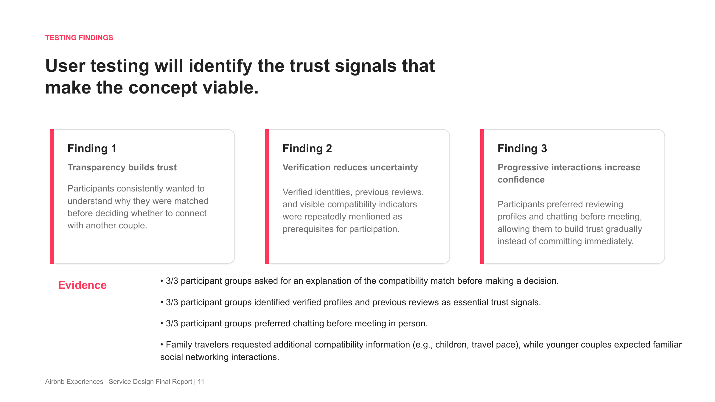 Travel Together testing findings slide with trust-building findings from participant groups