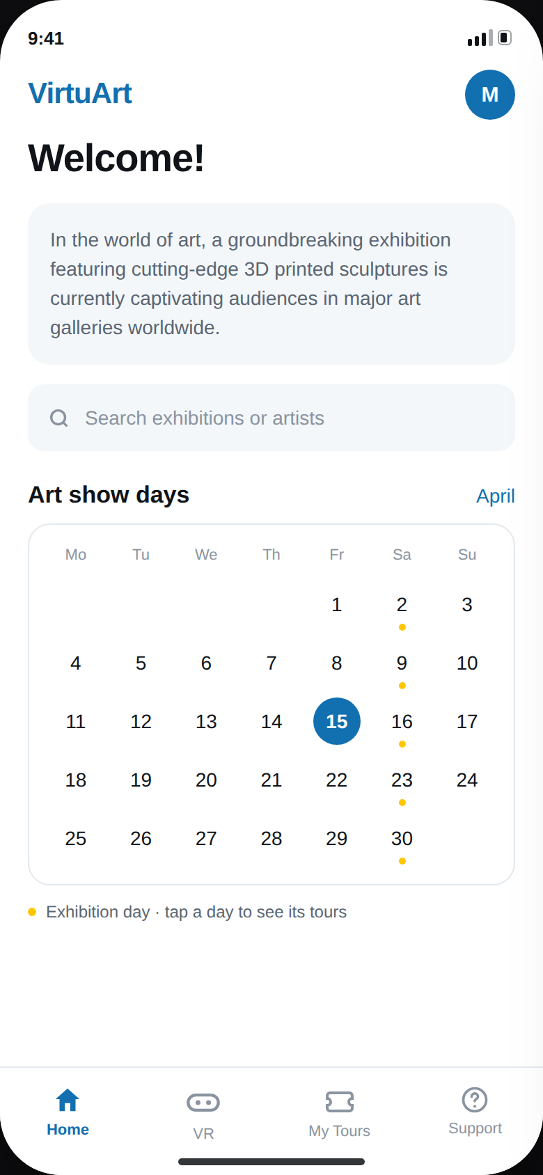 VirtuArt 2026 redesign — Home screen