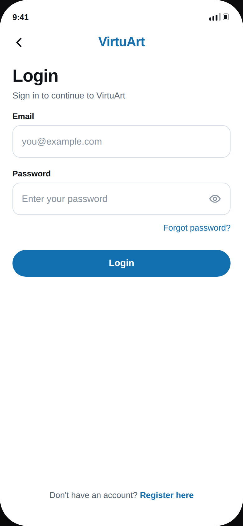VirtuArt 2026 redesign — Login screen