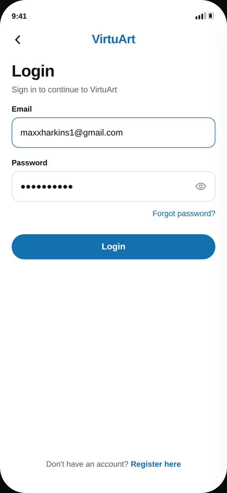 VirtuArt 2026 redesign — Filled login screen