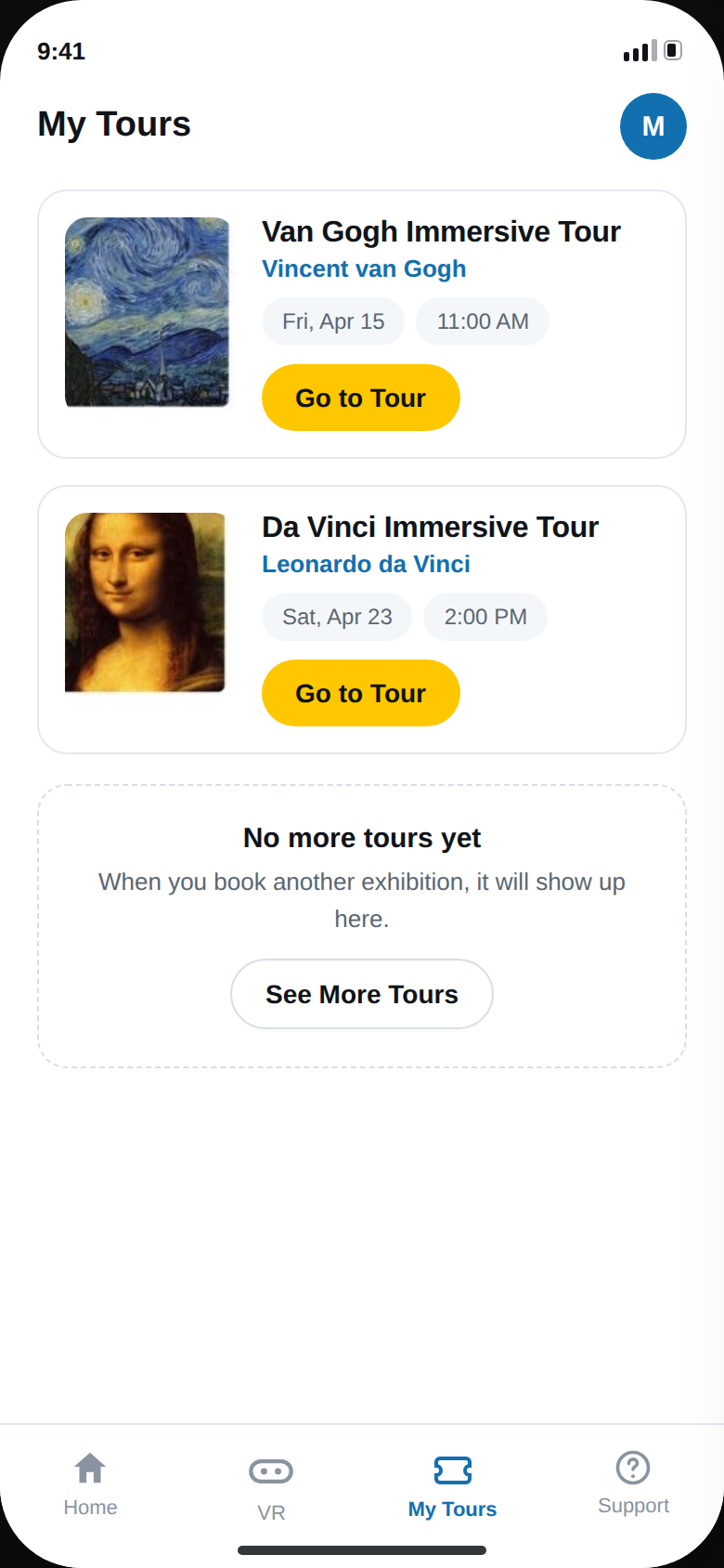 VirtuArt 2026 redesign — My Tours screen