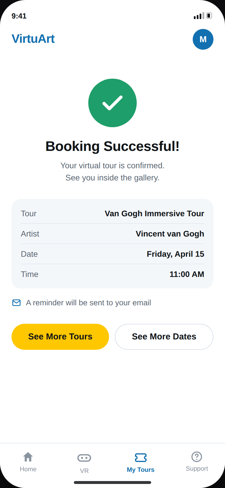 VirtuArt 2026 redesign — Booking Successful screen