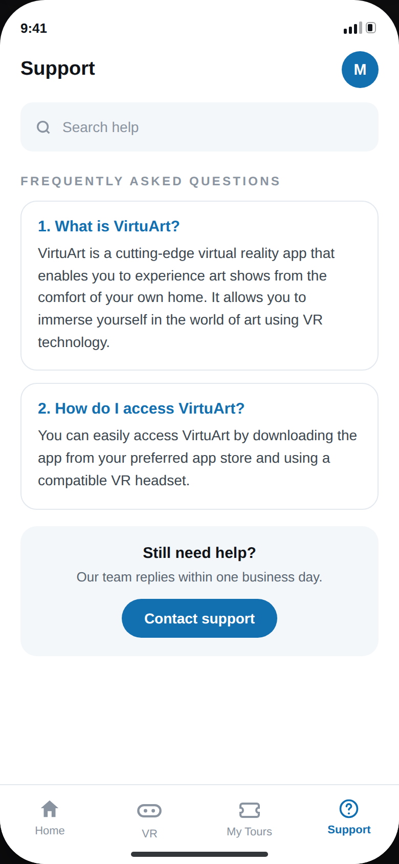 VirtuArt 2026 redesign — Support FAQ screen