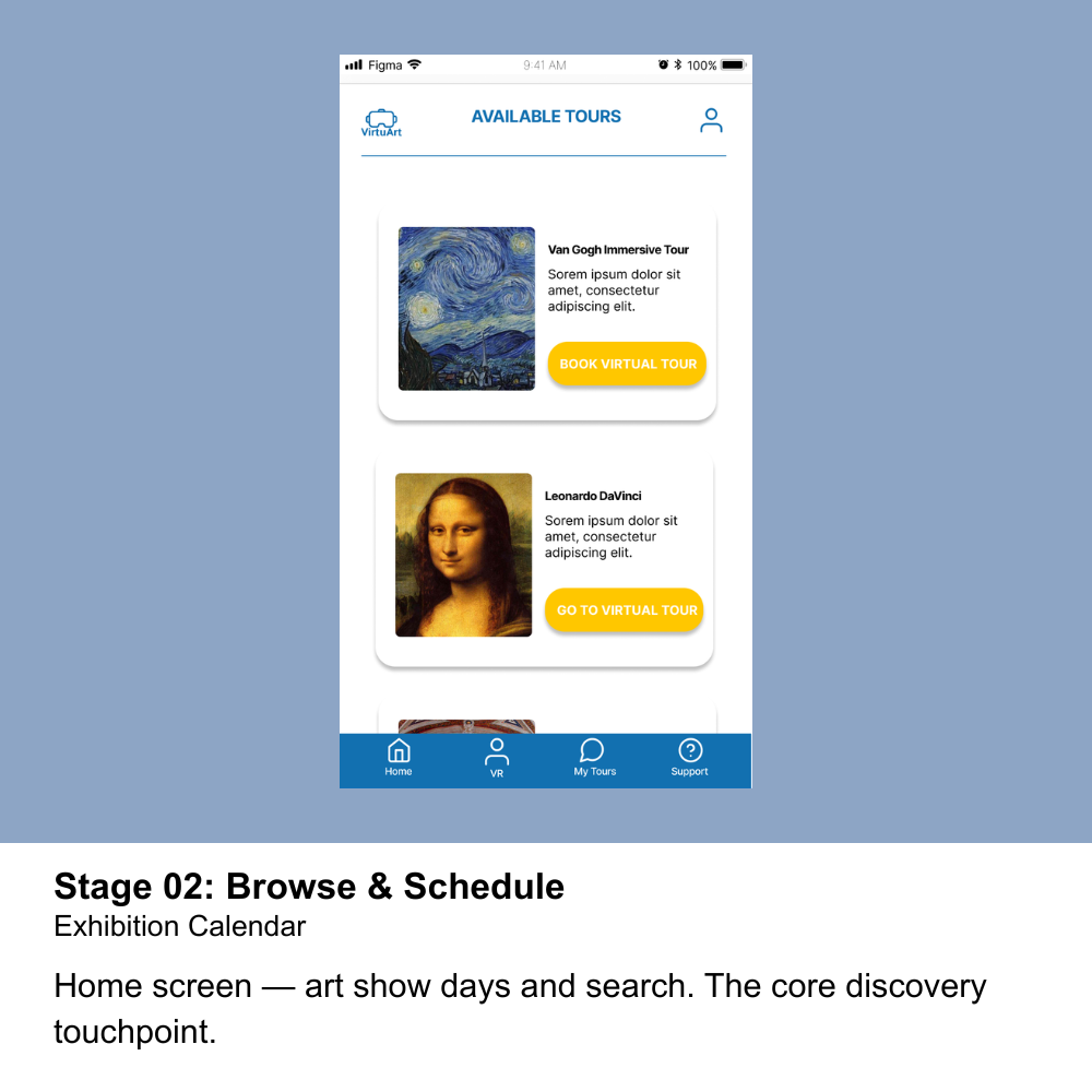 VirtuArt mobile screen showing available virtual art tours