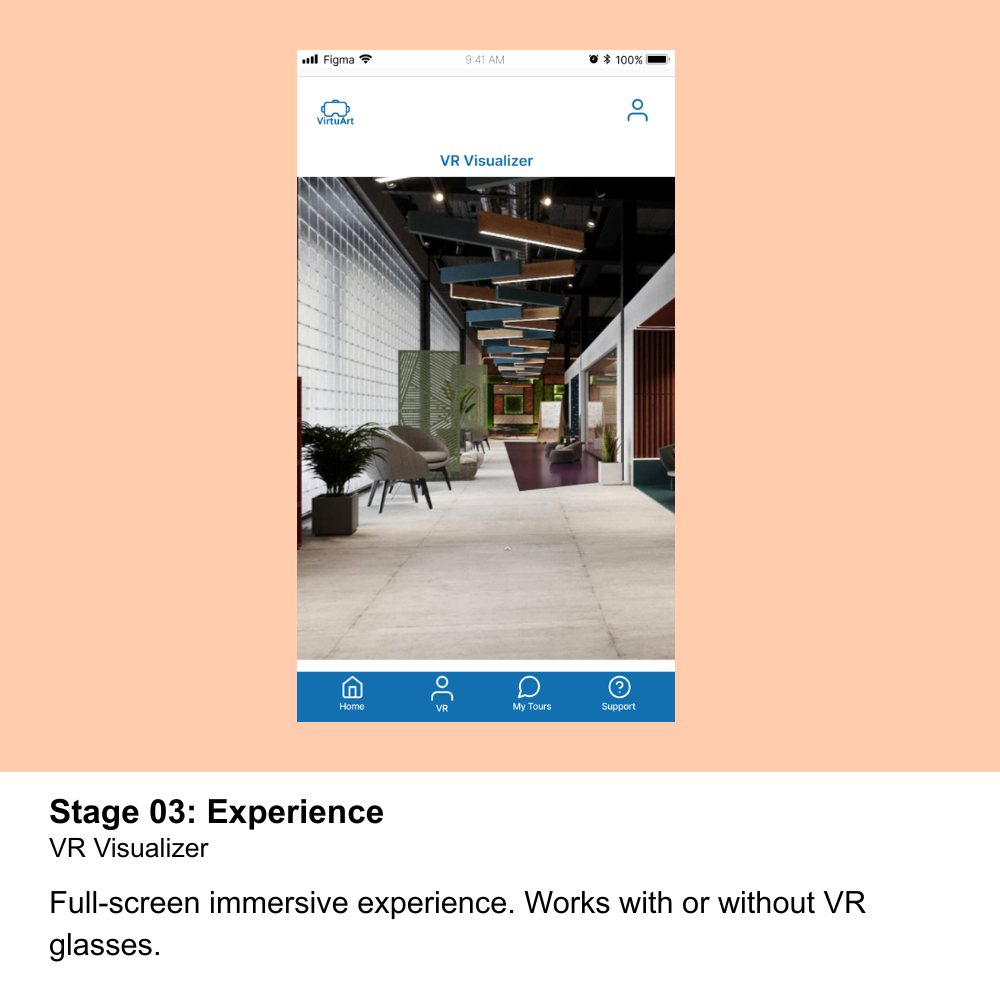 VirtuArt mobile screen showing a virtual exhibition space